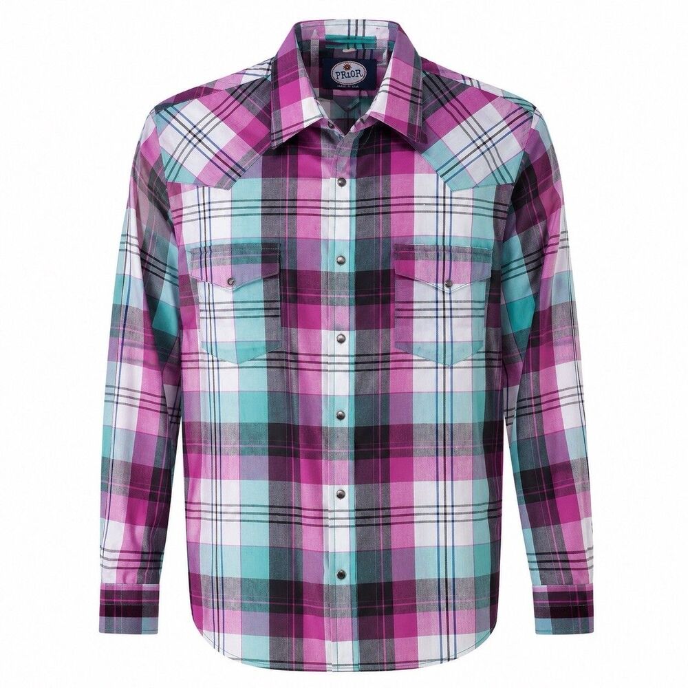 Prior Western Pearl Snap Shirt Plaid Pink Teal USA Made Mens 16-34
